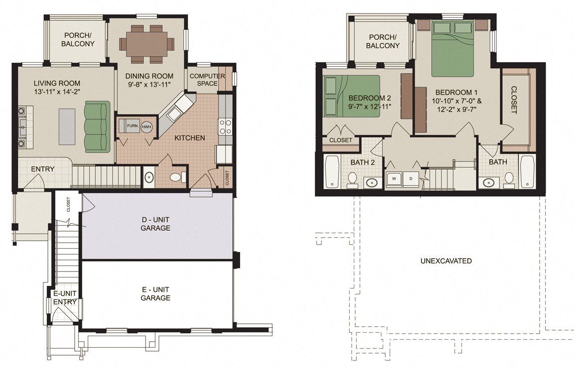 Floor plan for 2 beds, 2.5 baths, 1220 sqft